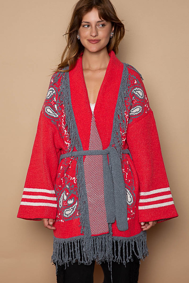 POL Fringe Paisley Shawl Collar Wrapped Cardigan Top
