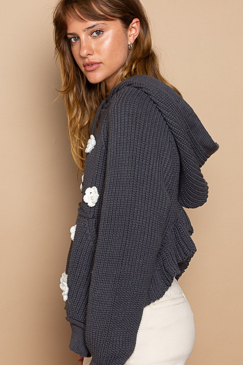 POL Long Sleeve Handmade Flower Patch Hoodie Top