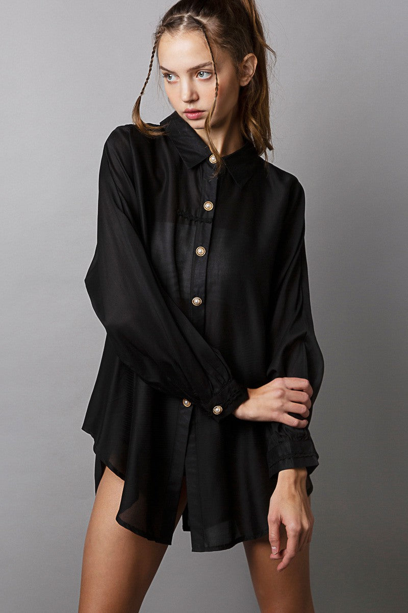 POL Open Back Batwing Long Sleeve Button Down Shirt Top
