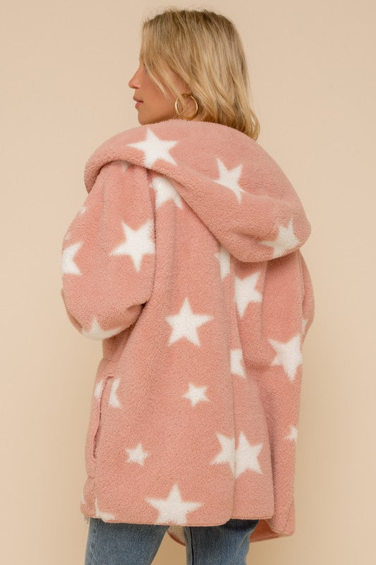 Star Print Mauve Faux Fur Open Front Oversized Jacket