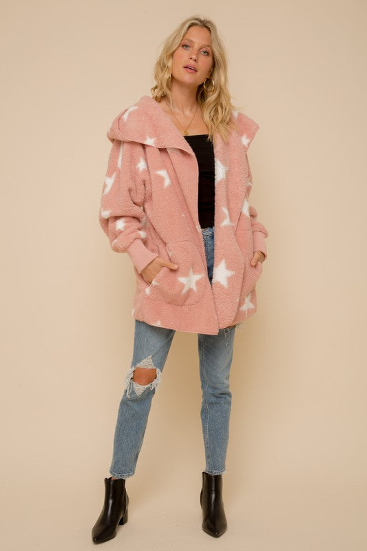 Star Print Mauve Faux Fur Open Front Oversized Jacket
