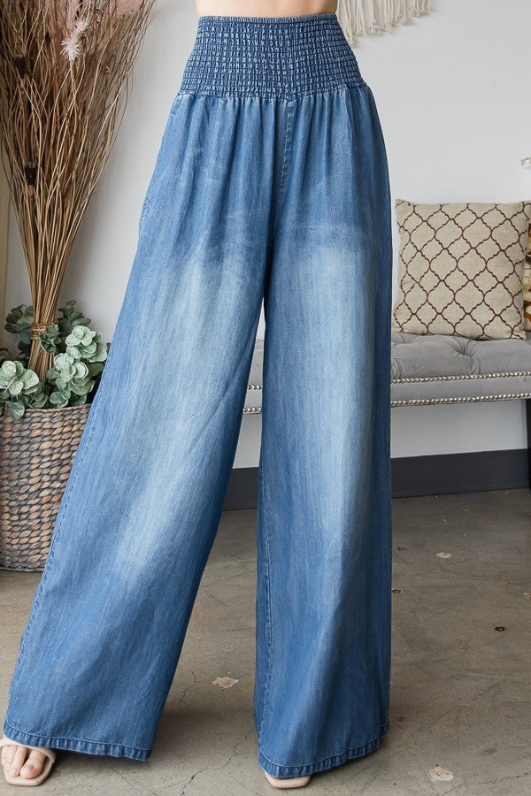 Oli & Hali Washed Tencel Elastic Band Wide Leg Flood Pants