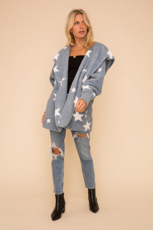 Star Print Faux Fur Open Front Oversized Jacket