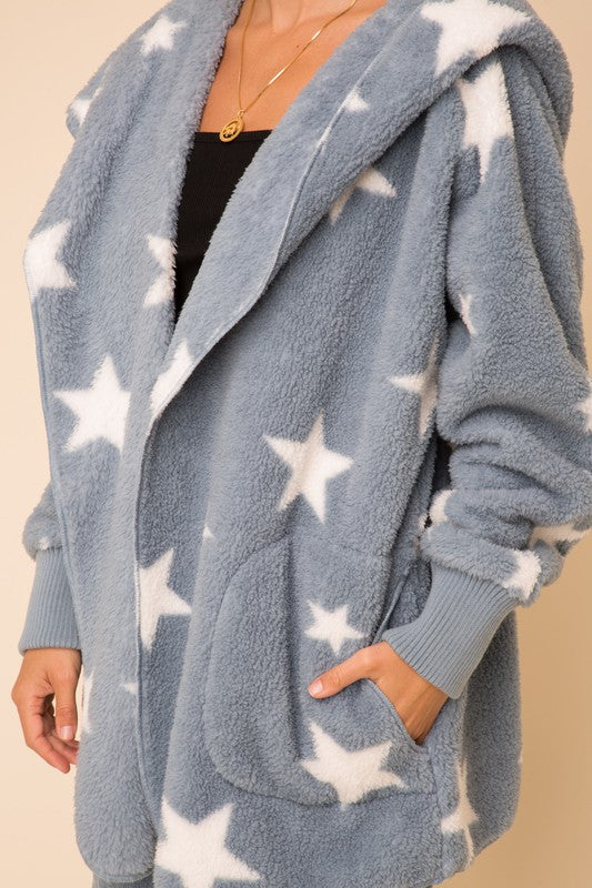 Star Print Faux Fur Open Front Oversized Jacket