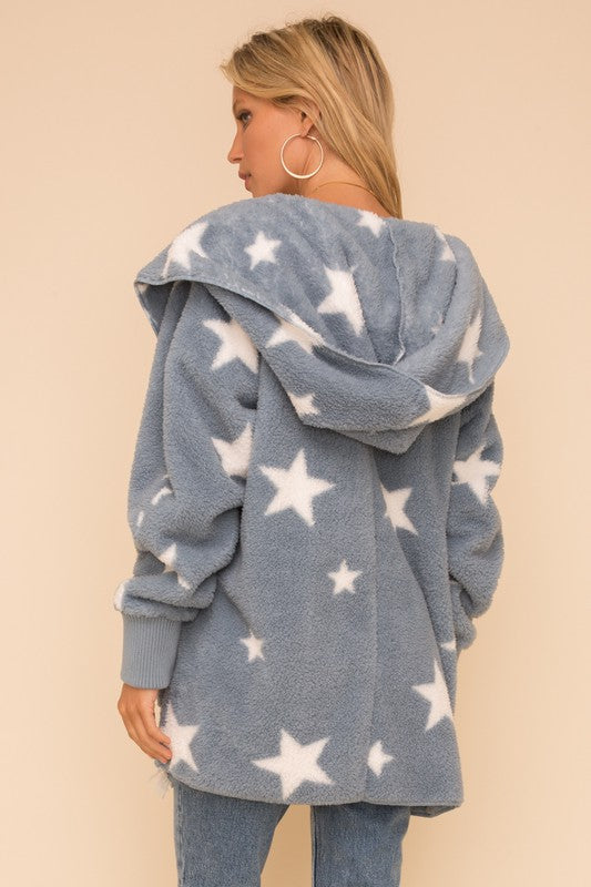 Star Print Faux Fur Open Front Oversized Jacket