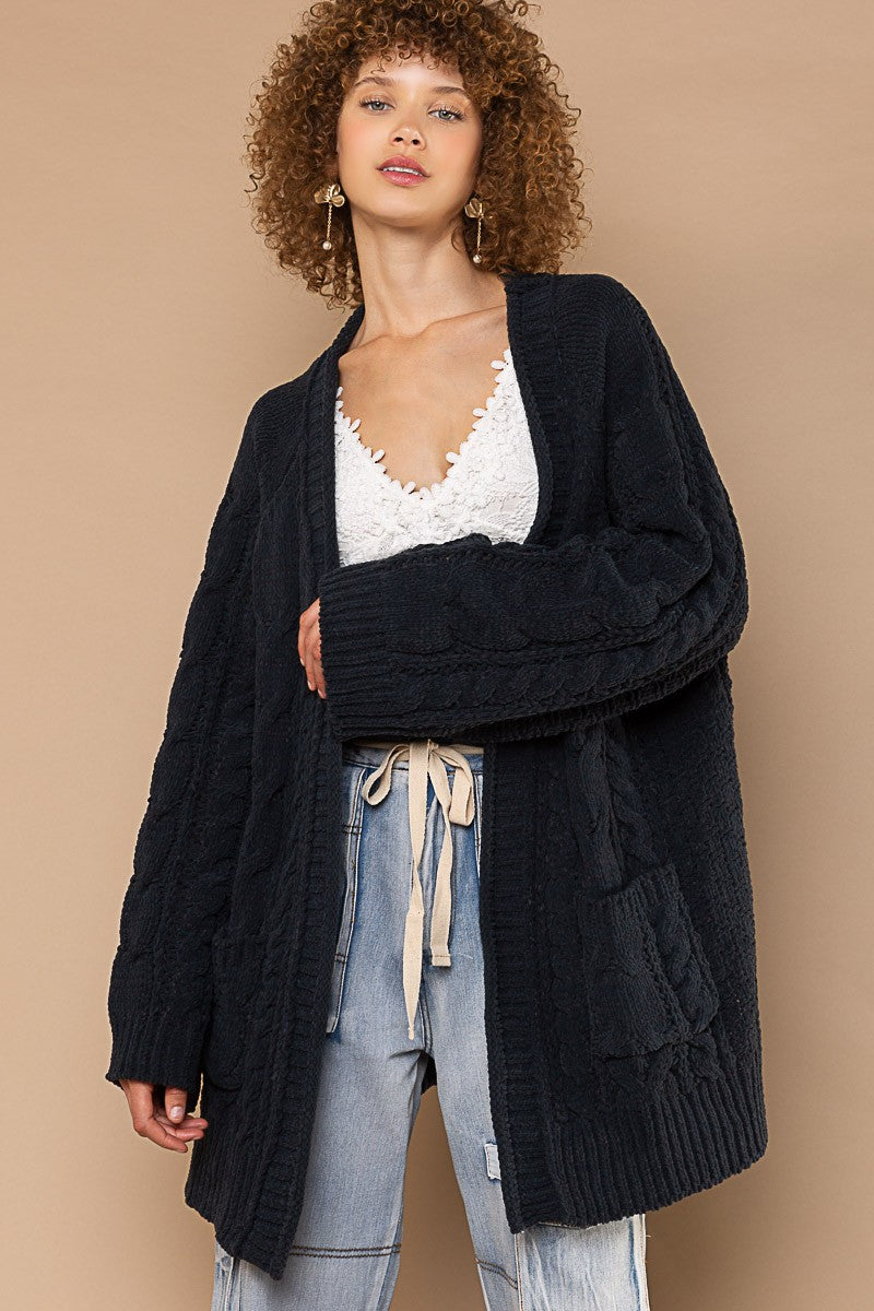 POL Open Front Side Slits Pockets Cardigan Sweater Top