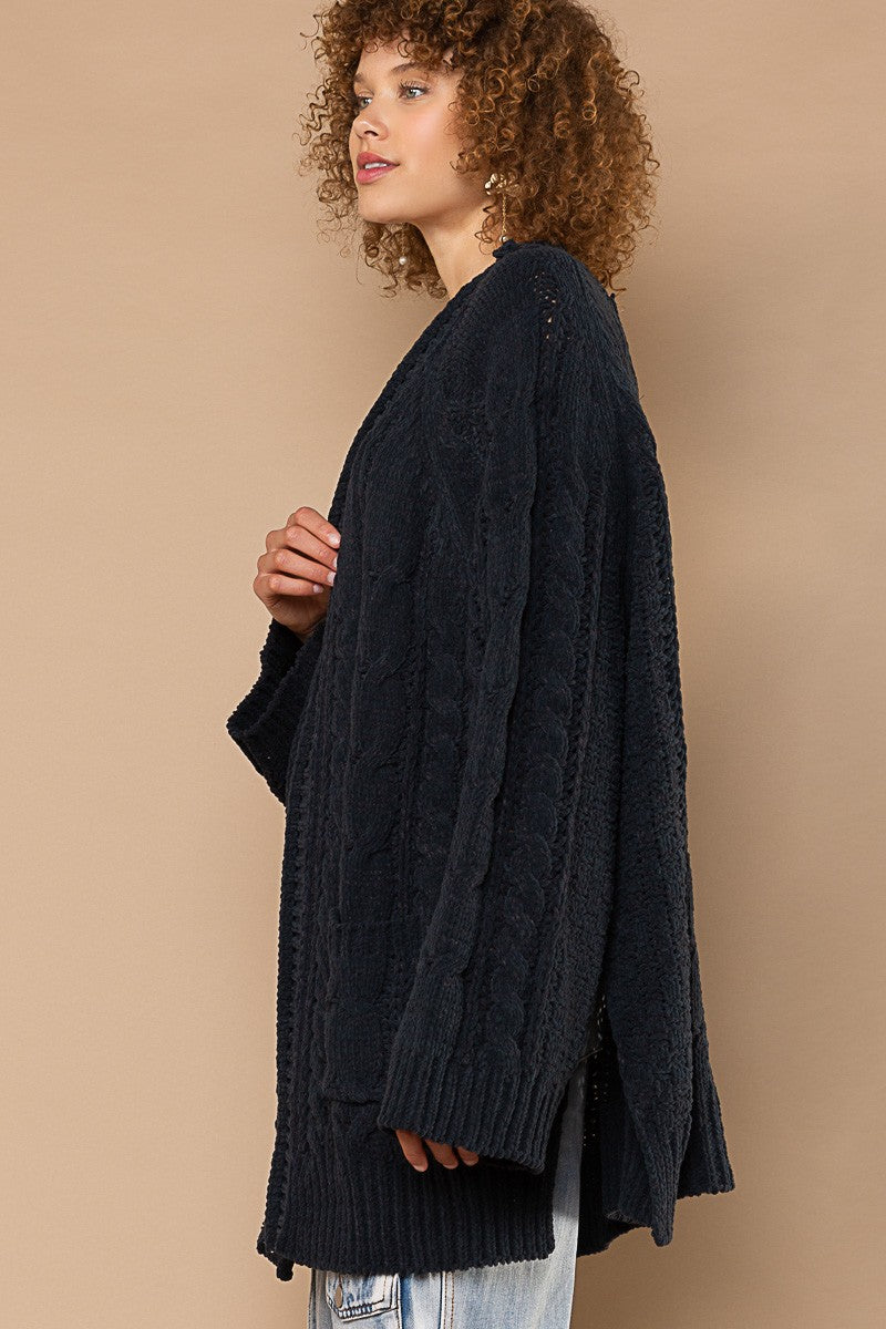 POL Open Front Side Slits Pockets Cardigan Sweater Top