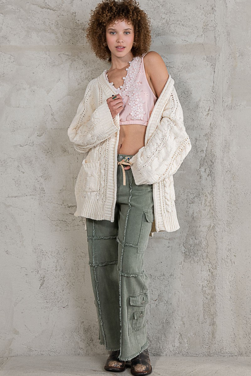 POL Open Front Side Slits Pockets Cardigan Sweater Top