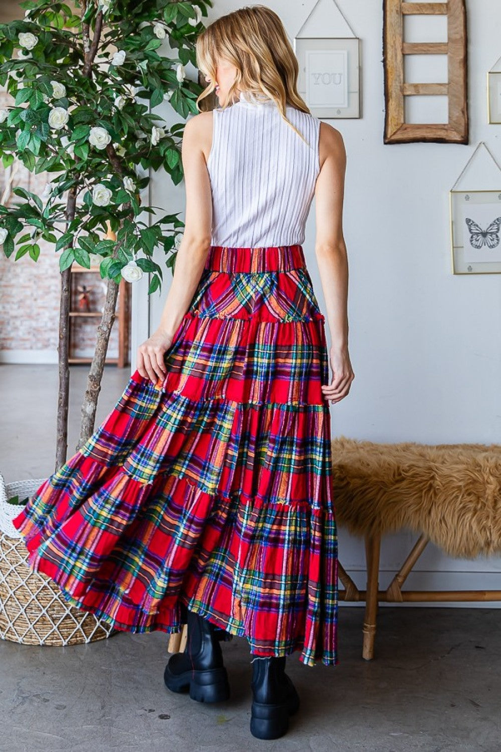 Oli & Hali Mineral Washed Check Plaid Tiered Skirt Pants