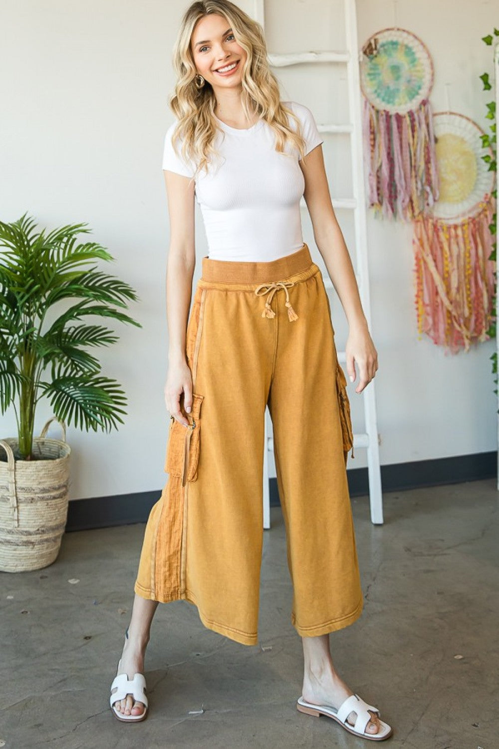 Oli & Hali Mineral Washed Draw String Waist Wide Leg Pants