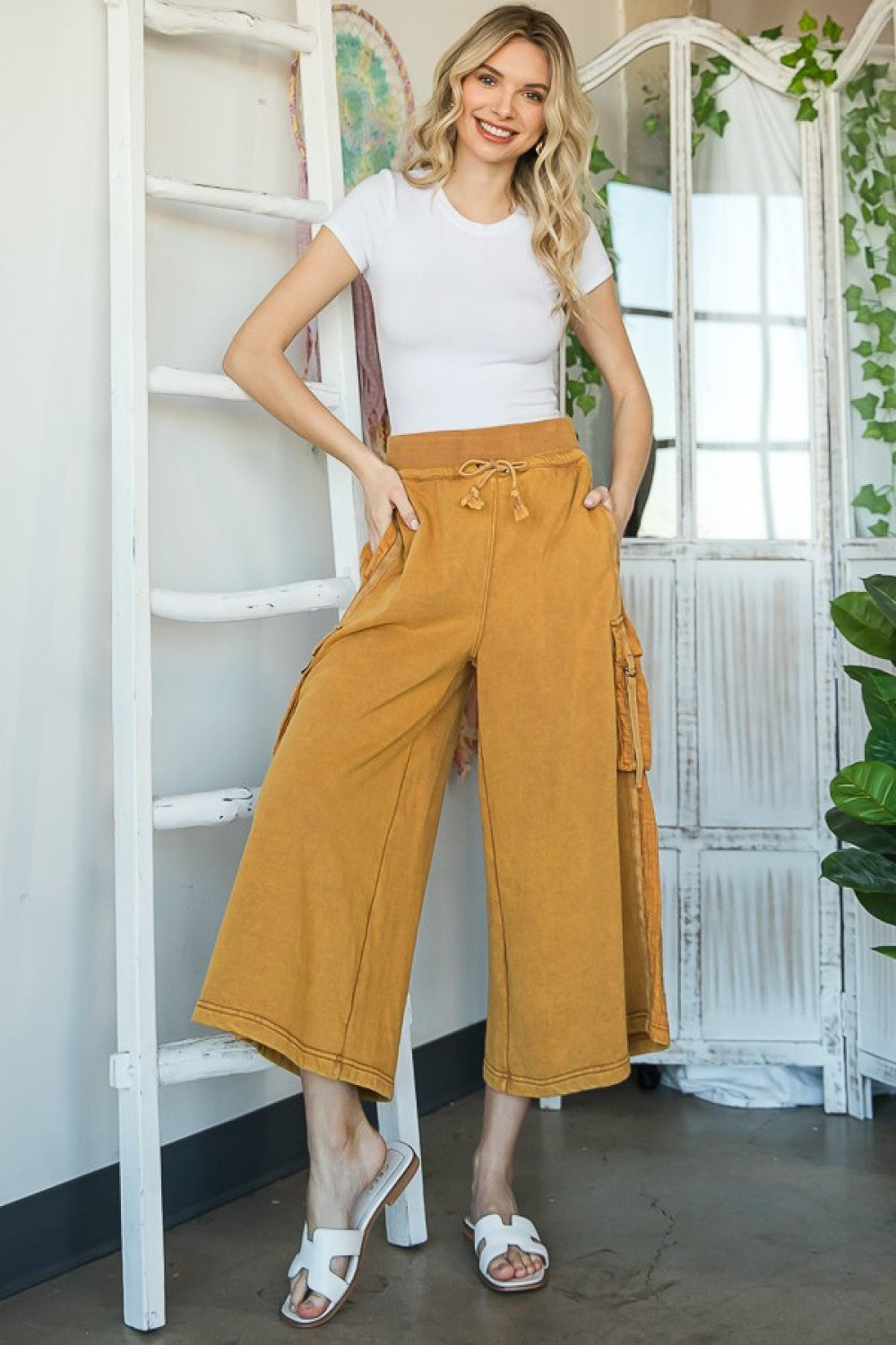 Oli & Hali Mineral Washed Draw String Waist Wide Leg Pants