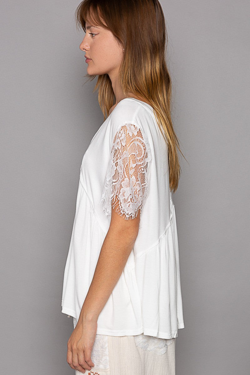 POL Lace Short Sleeve V-Neck Raw Edge Hemline Top