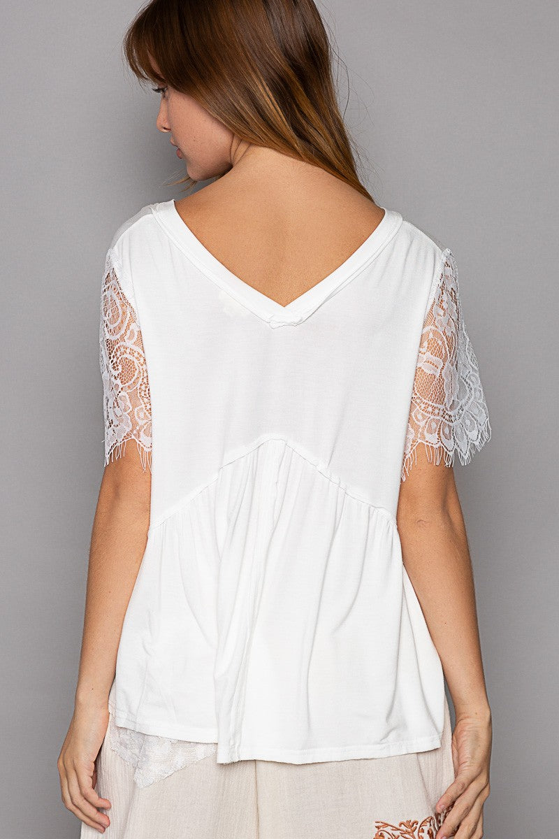 POL Lace Short Sleeve V-Neck Raw Edge Hemline Top
