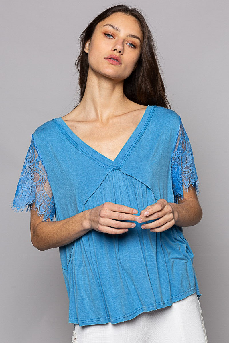 POL Lace Short Sleeve V-Neck Raw Edge Hemline Top