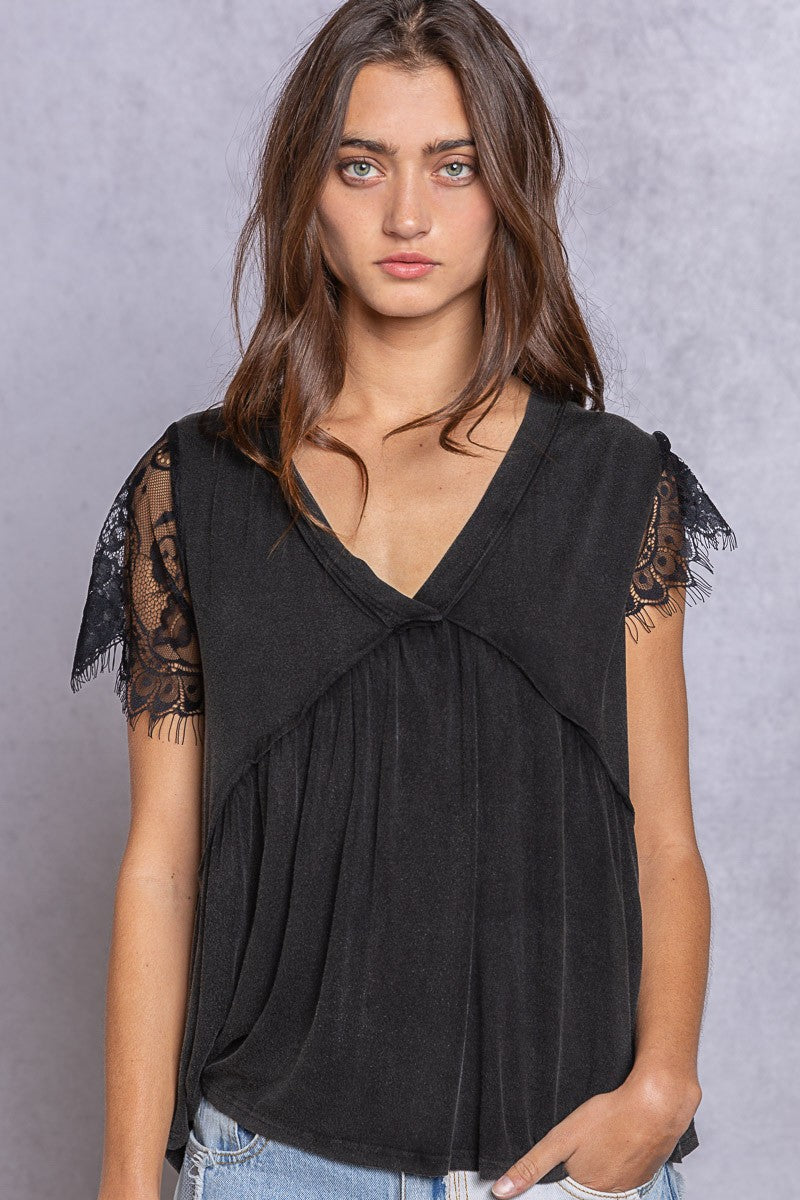 POL Lace Short Sleeve V-Neck Raw Edge Hemline Top