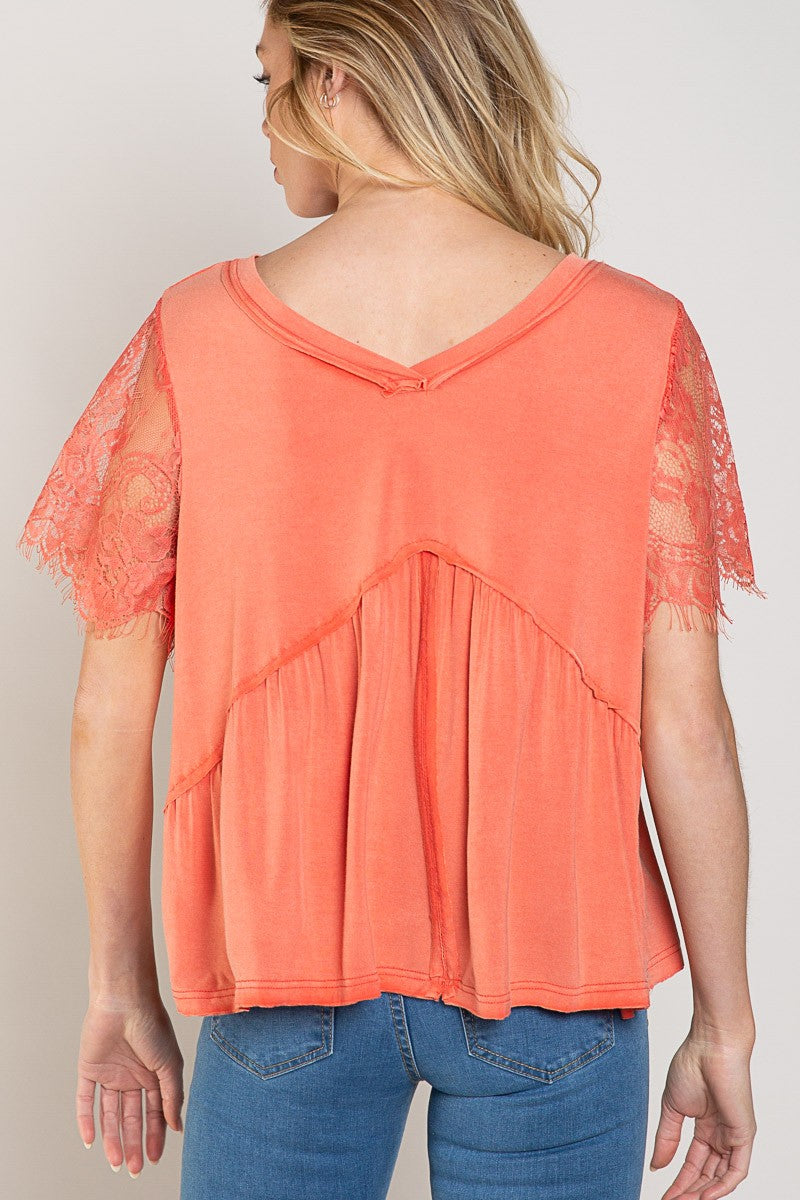 POL Lace Short Sleeve V-Neck Raw Edge Hemline Top