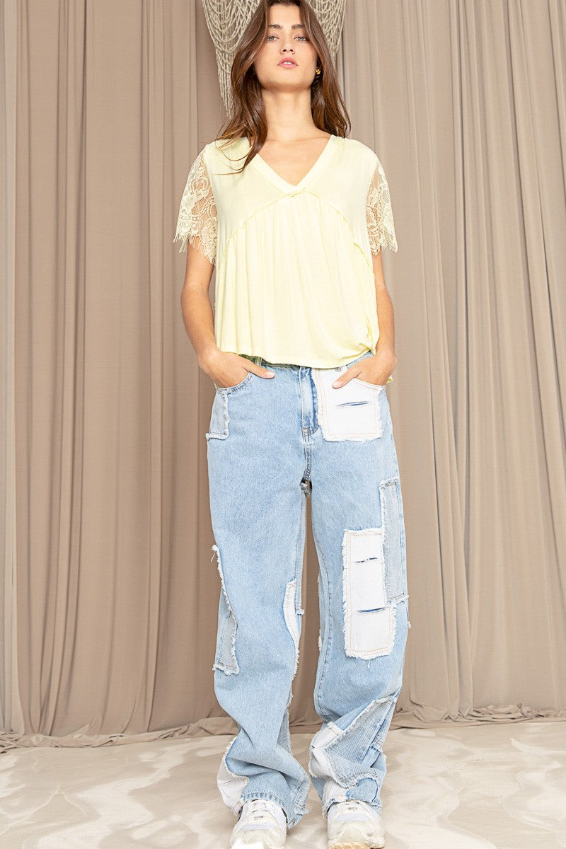 POL Lace Short Sleeve V-Neck Raw Edge Hemline Top