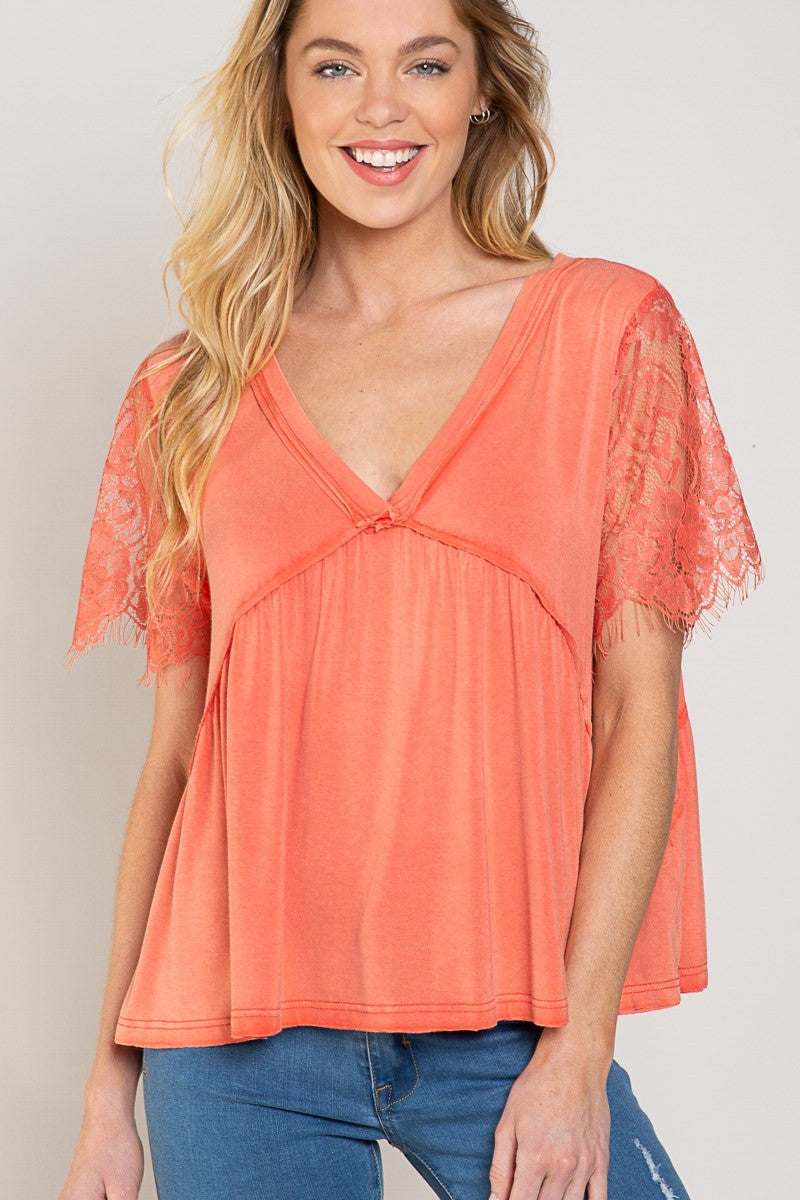 POL Lace Short Sleeve V-Neck Raw Edge Hemline Top