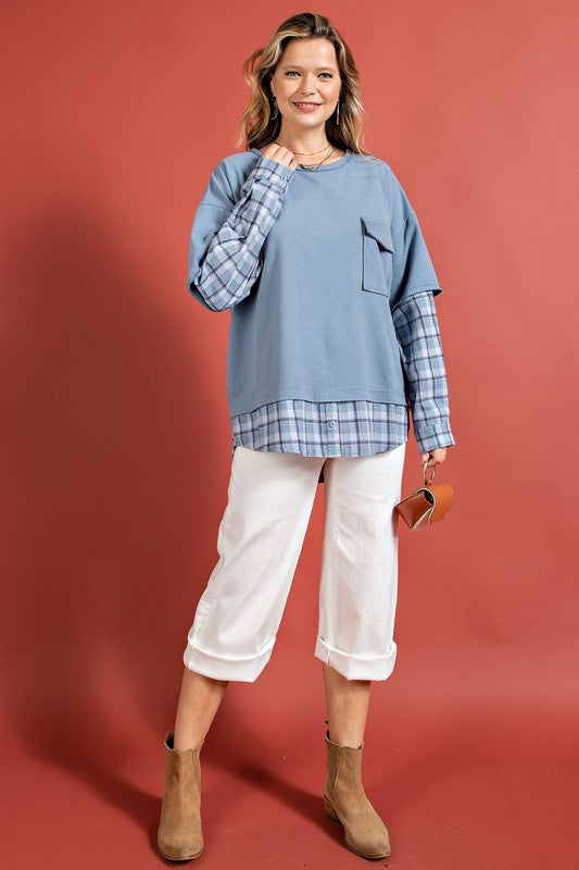 Easel Plaid Mix Brushed Oversized Terry Pullover Top - Roulhac Fashion Boutique