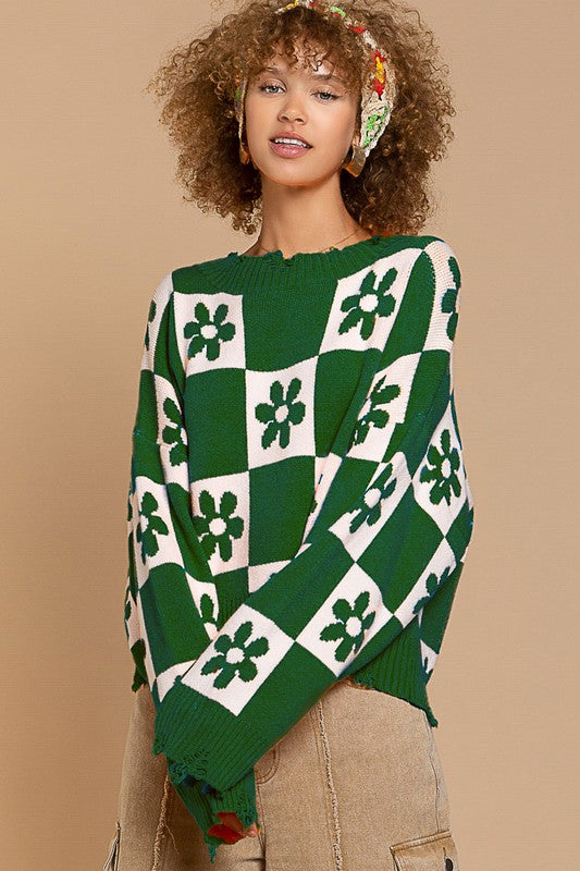 POL Oversized Contrast Floral Checkered Distressed Pullover Sweater - Roulhac Fashion Boutique