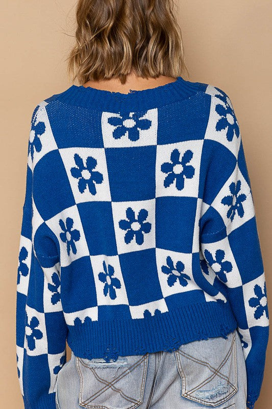 POL Oversized Contrast Floral Checkered Distressed Pullover Sweater