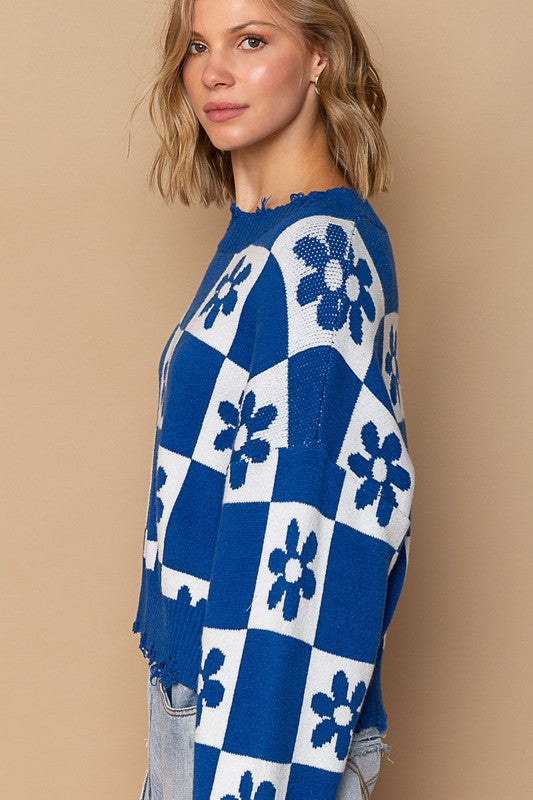 POL Oversized Contrast Floral Checkered Distressed Pullover Sweater
