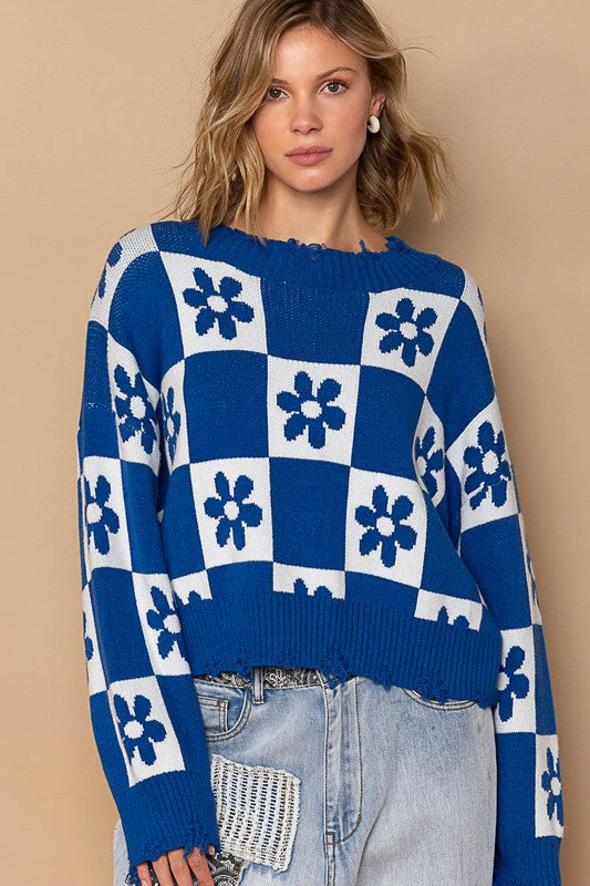 POL Oversized Contrast Floral Checkered Distressed Pullover Sweater - Roulhac Fashion Boutique