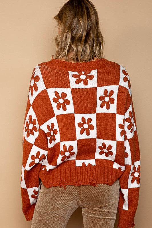 POL Oversized Contrast Floral Checkered Distressed Pullover Sweater