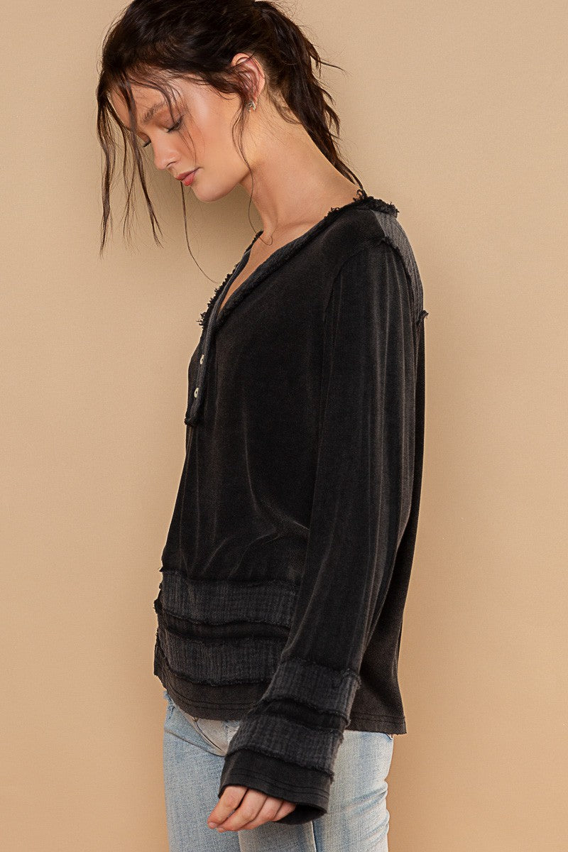 POL Long Sleeve Contrast Gauze Strap Detail Top