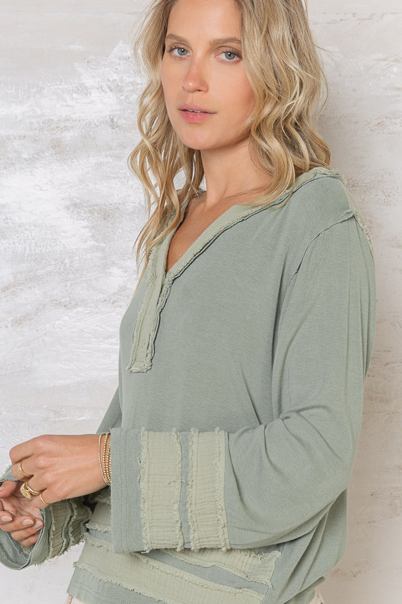 POL Long Sleeve Contrast Gauze Strap Detail Top