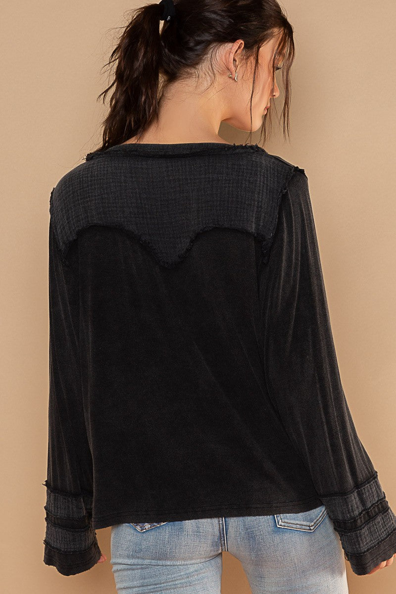 POL Long Sleeve Contrast Gauze Strap Detail Top