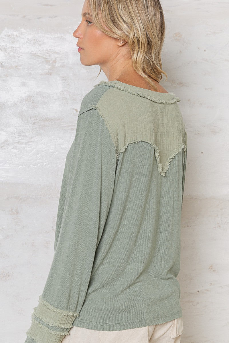 POL Long Sleeve Contrast Gauze Strap Detail Top