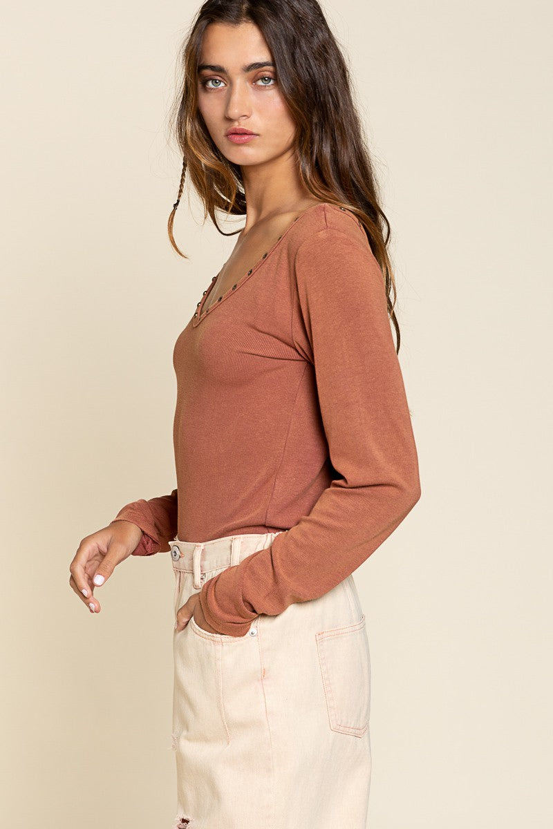 POL Basic Long Sleeve V Neck Stud Rib Fabric Top