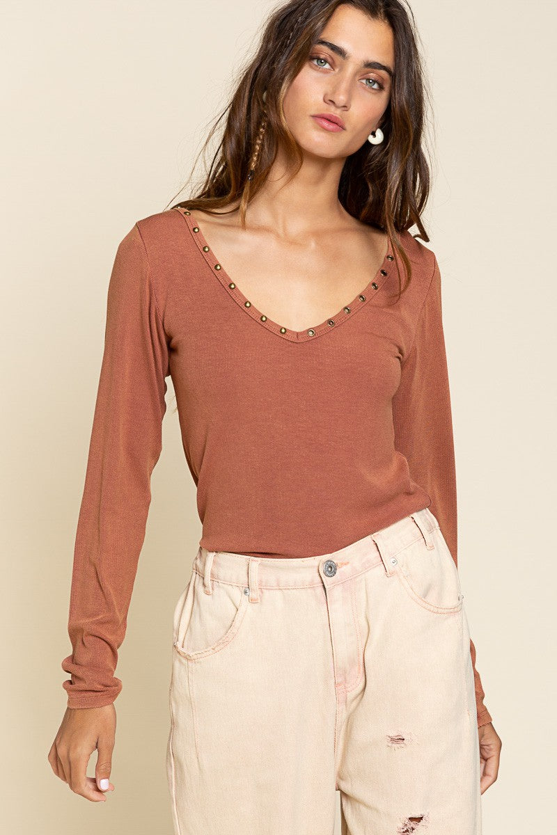 POL Basic Long Sleeve V Neck Stud Rib Fabric Top