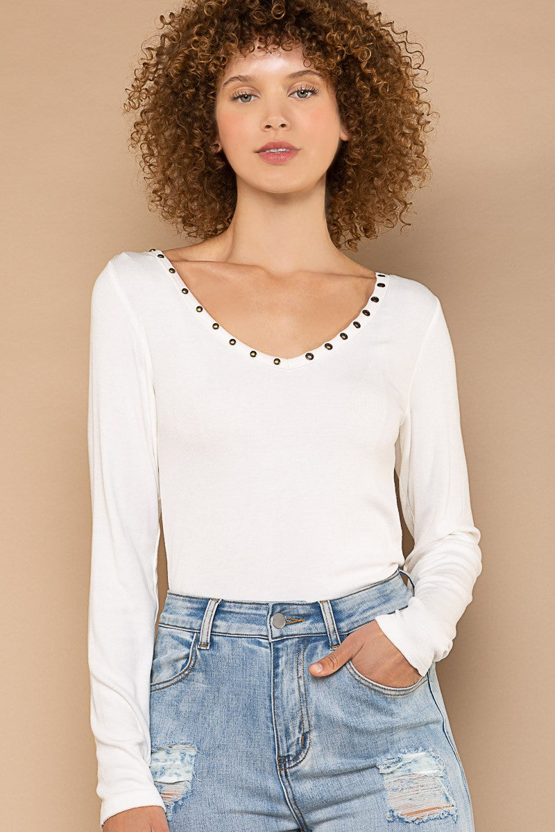 POL Basic Long Sleeve V Neck Stud Rib Fabric Top