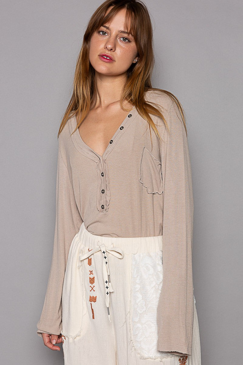 POL Button Placket Faux Pocket Oversized Fit Long Sleeve Top