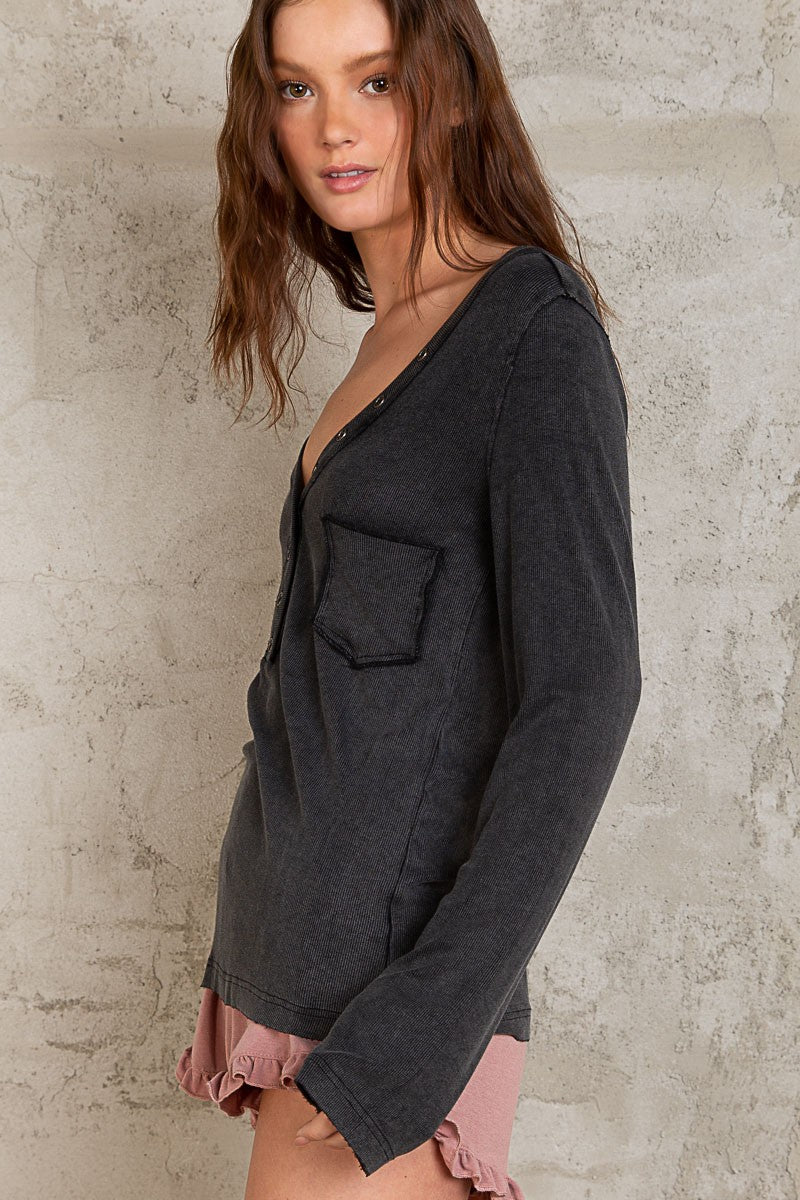 POL Button Placket Faux Pocket Oversized Fit Long Sleeve Top