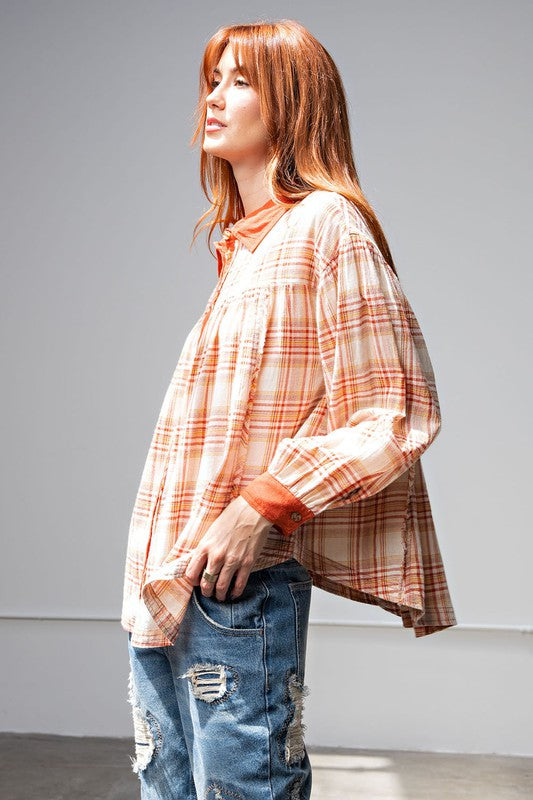 Easel Rust Plaid Print Loose Fit Button Down Cotton Top - Roulhac Fashion Boutique