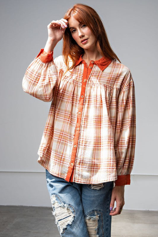 Easel Rust Plaid Print Loose Fit Button Down Cotton Top - Roulhac Fashion Boutique