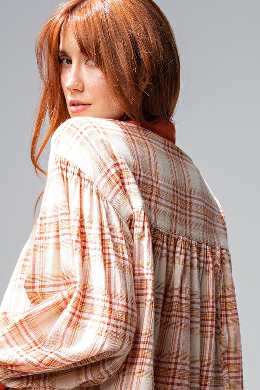 Easel Rust Plaid Print Loose Fit Button Down Cotton Top - Roulhac Fashion Boutique
