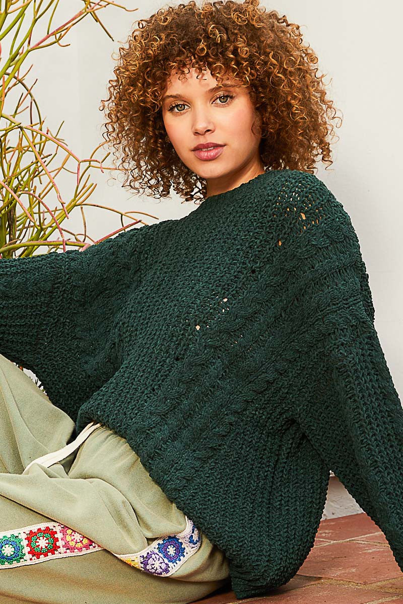 POL Oversize Cable Knit Round Neck Pullover Sweater Top