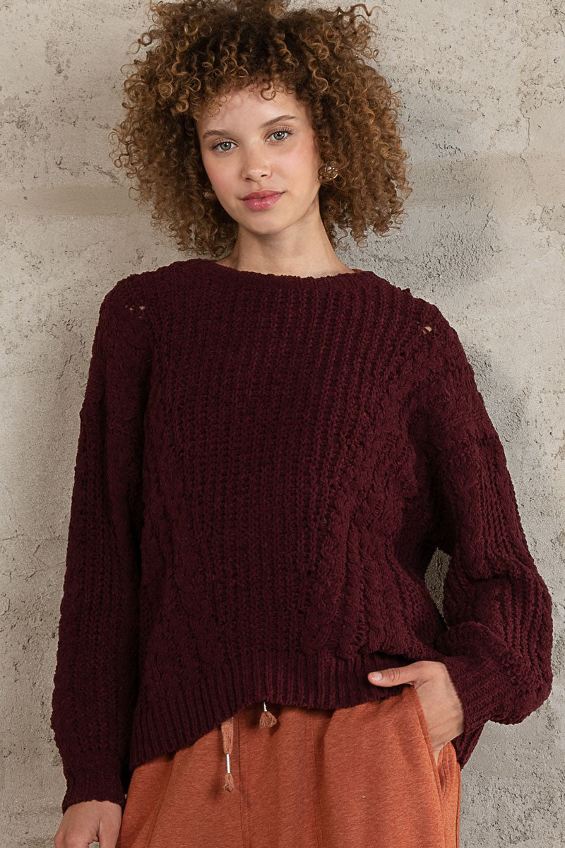 POL Oversize Cable Knit Round Neck Pullover Sweater Top
