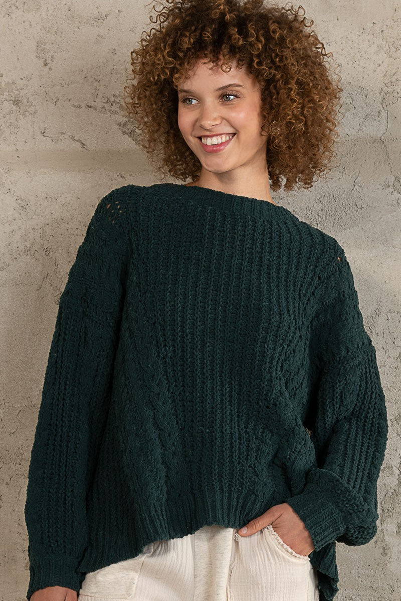 POL Oversize Cable Knit Round Neck Pullover Sweater Top