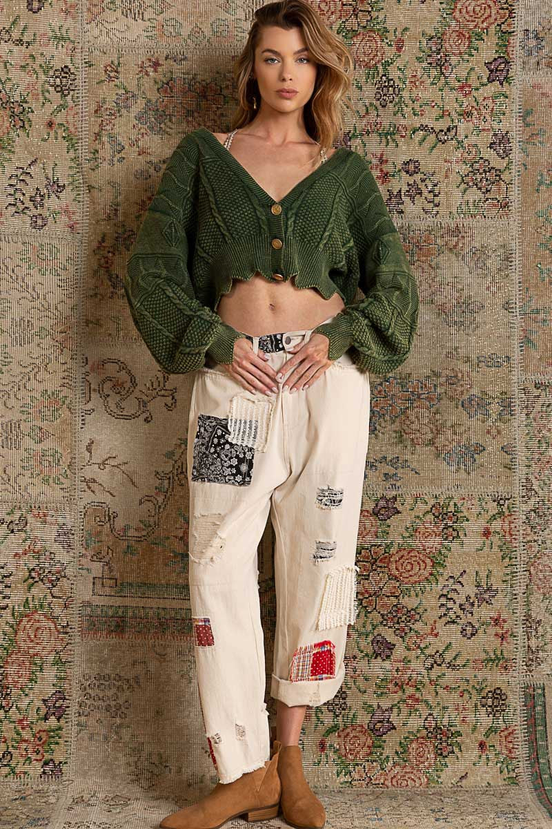 POL Washed Vintage Button Closure Cardigan Sweater Top