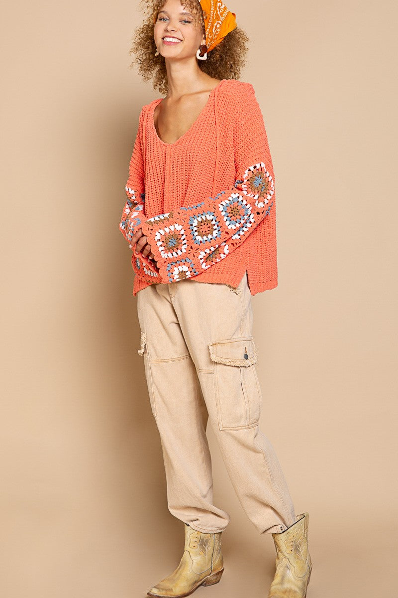 POL Square Pattern Sleeves Hooded V-Neck Sweater Top