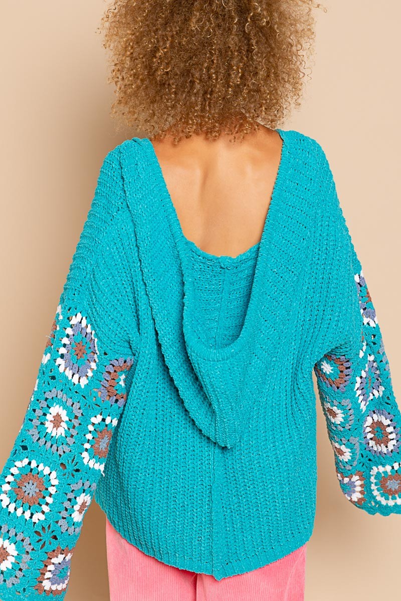 POL Square Pattern Sleeves Hooded V-Neck Sweater Top