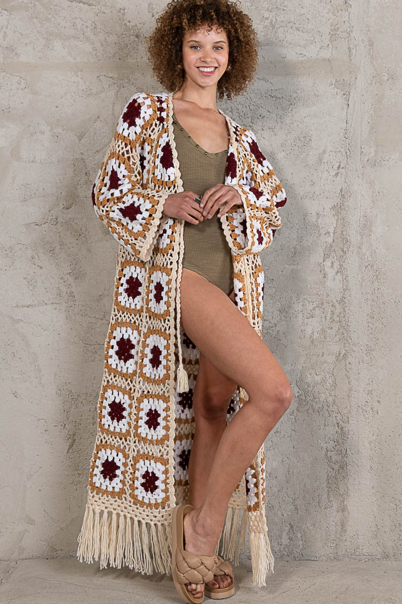 POL Hand Knit Crochet Fringe Maxi Length Cardigan Top