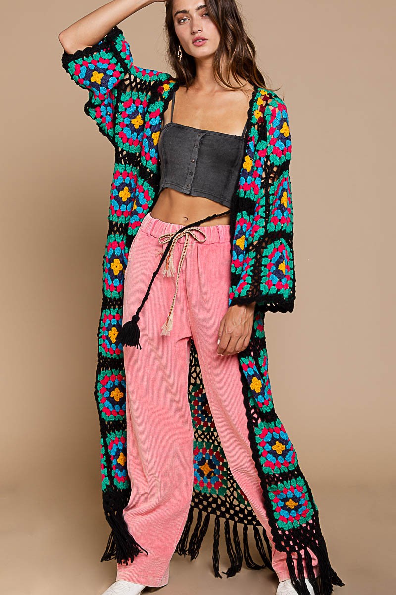 POL Hand Knit Crochet Fringe Maxi Length Cardigan Top