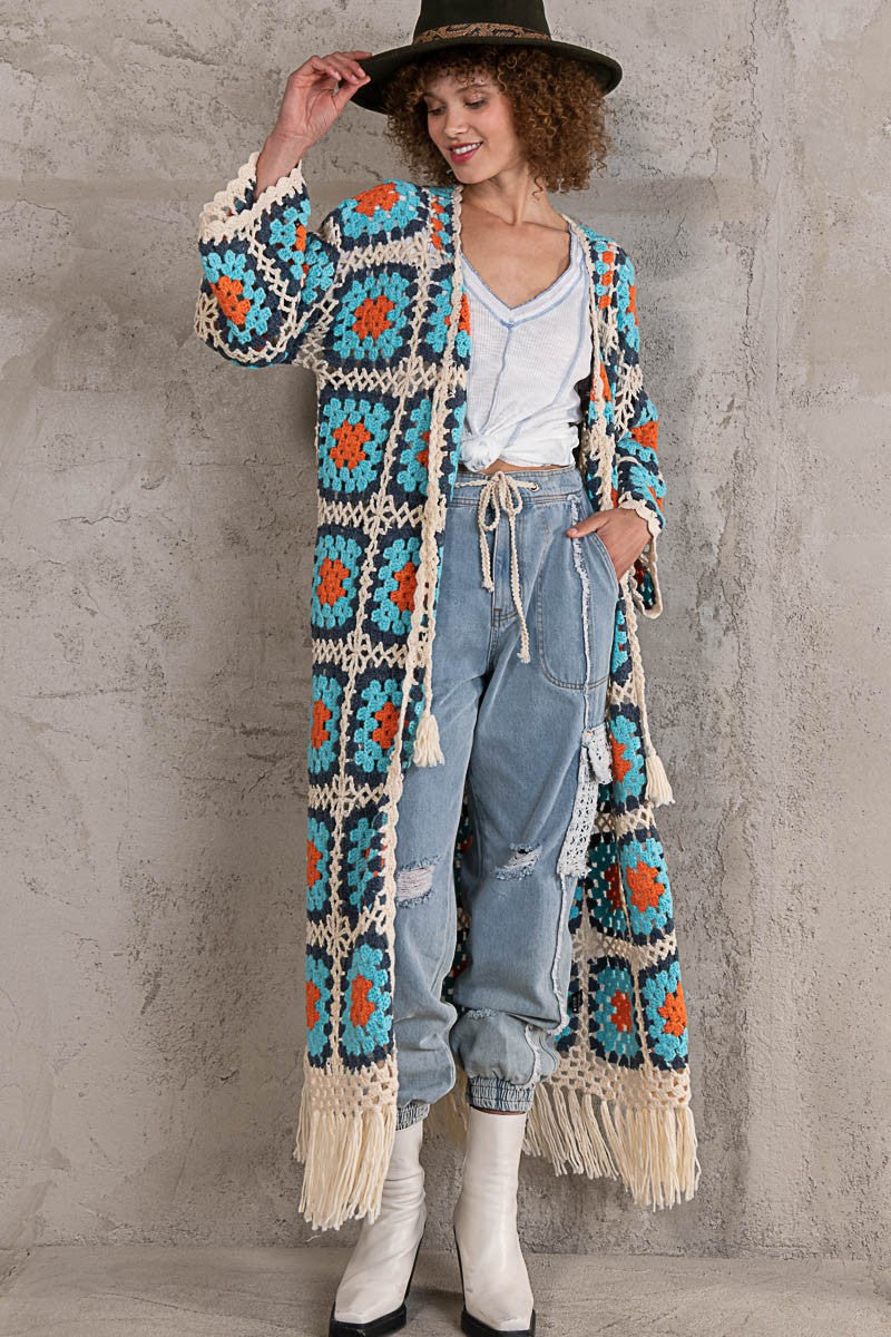 POL Hand Knit Crochet Fringe Maxi Length Cardigan Top