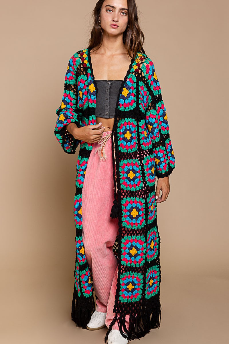POL Hand Knit Crochet Fringe Maxi Length Cardigan Top